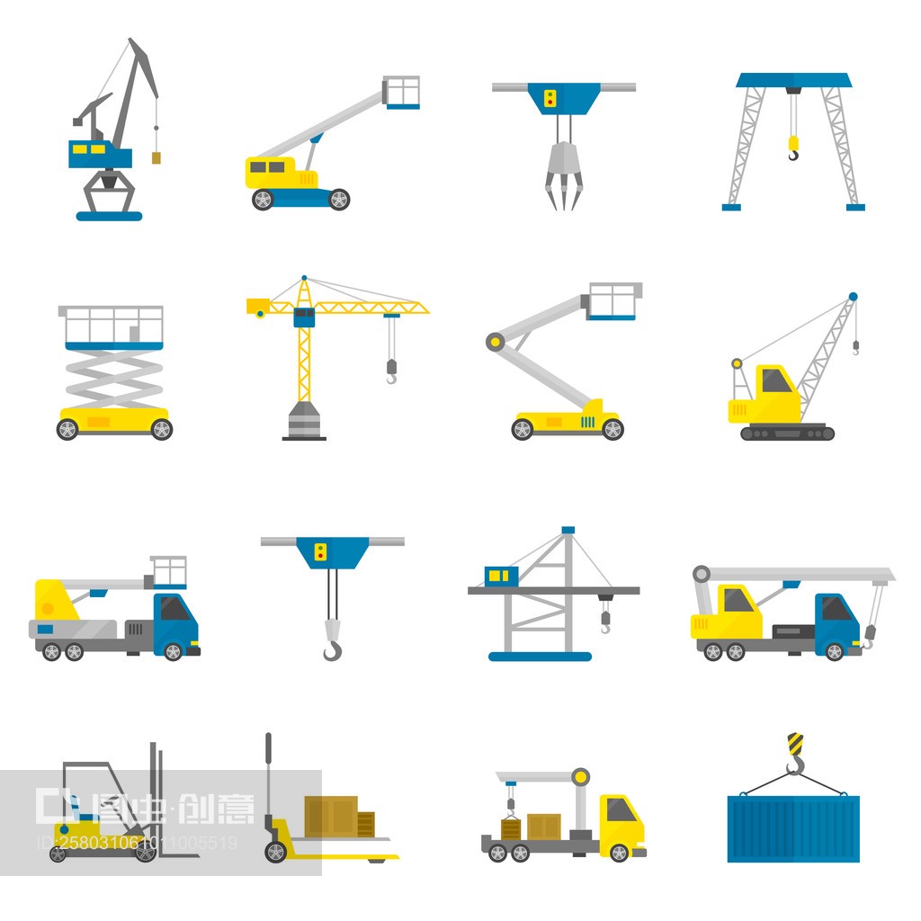 起重设备平面图标套装Lifting Equipment Flat Icon Set